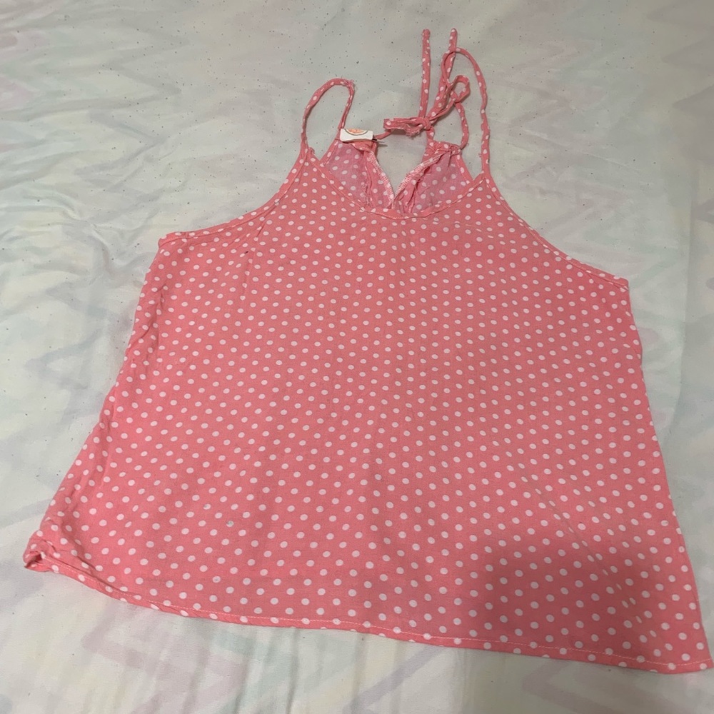 spaghetti strap  top, pink with white polka dots